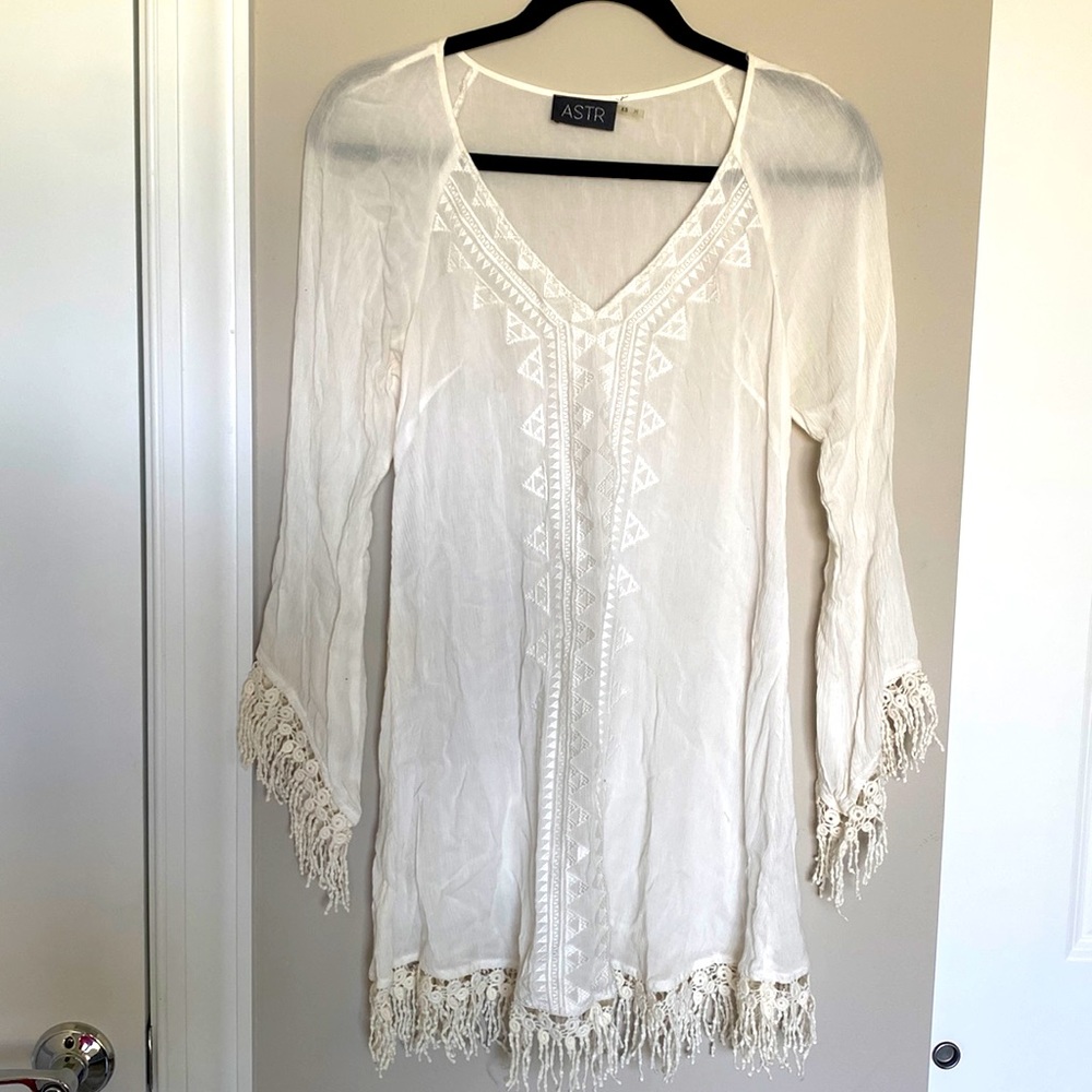 -ASTR fringe, crochet bathing suit coverup